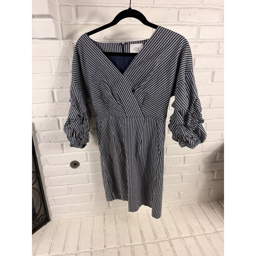 J.O.A. Womens S Navy White Striped Mini Dress Ruffle Balloon Sleeve Wrap